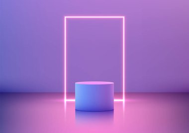 Açık mor renkli 3D silindirik platform, parlak neon pembe çerçeveli canlı bir arkaplan karşısında duruyor. Teknoloji kavramları, ürün gösterimleri ve minimalist sergi salonu tasarımları
