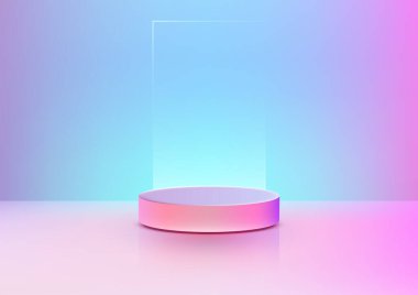 Canlı pembe ve mor gradyan podyum sahne, parlak şeffaf cam panel. Yumuşak yayılmış ışıkla yıkanan modern sahne ürün gösterileri, modeller veya sergi odasında tasarım sunumlarıdır.