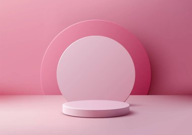 Monokromatik bir odada minimalist 3d pembe silindirik podyum, ürün sergisi veya maketi. yumuşak ışıklandırma, temiz geometrik tasarımı, modern vitrinleri veya yaratıcı sunumları vurgular