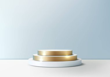 Minimalist 3D dairesel podyum, pırıl pırıl altın bir üst kademe ve saf beyaz tabanlı soluk mavi zemin, lüks ürün sergileri, ödül törenleri veya modern sergi salonu sunumları.