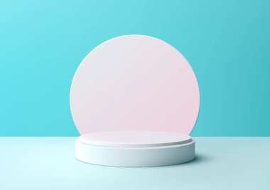 Minimalist 3d kompozisyonu beyaz bir kaide üzerinde açık pembe bir daire ile yumuşak mavi bir arkaplan, modern ürün gösterimi, modelleme ve yaratıcı sunumlar için mükemmel