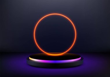 Parlayan neon turuncu daire, koyu arkaplan üzerinde mor ve sarı tabanlı, canlı ve modern teknoloji konseptiyle 3D siyah platformun üzerinde uçar. Ürün gösterimleri ve modellemeleri için mükemmeldir.