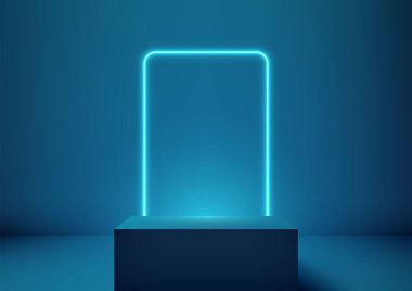 Neon mavi çerçeve düz mavi bir arkaplanda parlıyor, parlak bir kaideye parlak bir ışık saçıyor, modern teknoloji kavramları, ürün gösterimleri ve fütürist modeller için mükemmel.