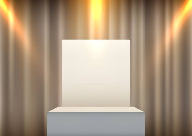 Altın perde arkaplanına karşı beyaz kare bir podyum sunan minimalist sahne, sıcak spot ışıklarıyla aydınlatılıyor, ödül törenleri, ürün sergileri veya modern sergi konseptleri için mükemmel.