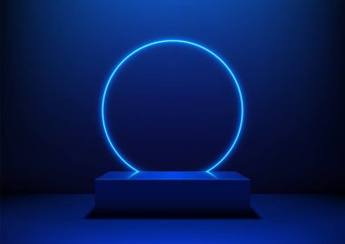 Parlayan neon mavi daire karanlık bir 3D platformun arkasında asılı duruyor, modern tasarım, dijital gösteriler ve yenilikçi sunumlar için mükemmel bir minimalist ve minimalist teknoloji konsepti yaratıyor.