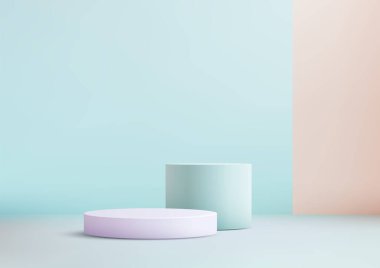 Hafif bir yüzey üzerinde modern 3d pastel silindirik podyumlar, ürün modellemeleri, vitrinler ve pazarlama veya markalaşma projelerinde yaratıcı gösteriler için idealdir.