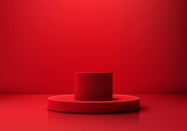 Dairesel tabanda canlı kırmızı silindirik 3D podyum, ürün gösterimleri, grafik tasarım modellemeleri ve modern sunumlar için mükemmel. Reklam, markalaşma ve ticari projeler için ideal.