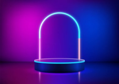 Mor ve mavi arkaplan, teknoloji kavramları, ürün gösterimleri veya modern showroom modellerine karşı parlayan parlak mavi ve pembe neon yüzüklü gelecekçi 3D siyah podyum