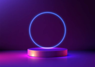Koyu mor arka plan, teknoloji kavramları, ürün gösterimleri ve modern sergi modelleri, fütüristik ve yaratıcı projelere karşı 3D podyumda parlayan mavi neon daire.