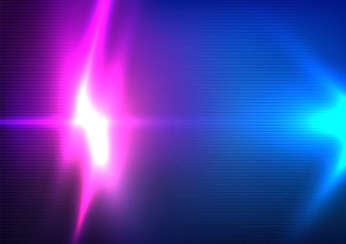 Parlayan pembe ve mavi ışık ışınlarının parlak bir ışık yayılması, karanlık bir arkaplanda dokulu bir yüzeyden yansıması, teknoloji ve gelecek kavramları için mükemmel.