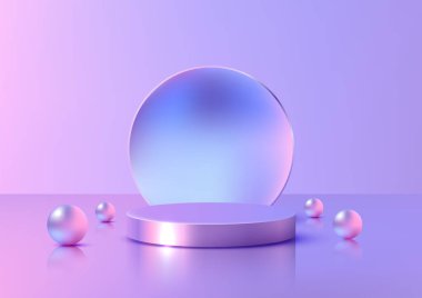 Modern 3d pastel mor sahne, eğimli küre ve metalik kürelerle yuvarlak bir podyum, ürün gösterim modelleri, sergi vitrinleri ve yaratıcı sunumlarla birlikte.