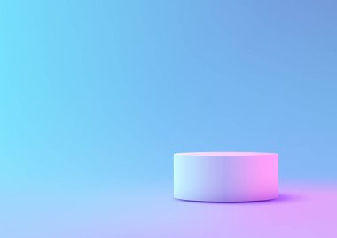 Modern 3d beyaz silindirik podyum mavi-mor gradyan arka plan, minimalist ürün gösterimleri, modeller ve sergi odası sunumları. Lüks markaların sergilenmesi