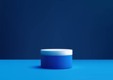 Minimalist 3D uyumlu yüzey üzerinde iki tonlu mavi silindirik podyum, modern ürün markalaşma, reklamcılık veya açık gölgeler ile gösterişli bir sergi tarzı için modelleme