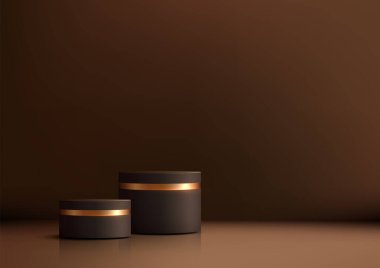 Lükslü 3D podyum modeli koyu kahverengi, altın bantlar, ürün sergisi veya markalaşması. Minimalist zemin, kurumsal sunumlar veya sergi vitrinleri içeren zarif silindirik tasarım.