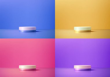 Minimalist 3d podyum beyaz silindirli ince renkli bantlı, canlı bir arkaplan, ürün sergileri, modeller ve modern tasarım sunumları için mükemmel.