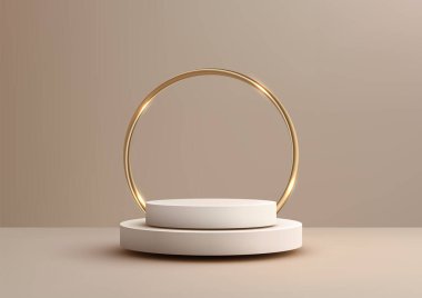 Minimalist lüks, iki katlı, altın yüzüklü yuvarlak podyum, ürün sergisi, ödül töreni veya kurumsal etkinlik için zarif 3D model, yumuşak bej arka planda izole edilmiş.