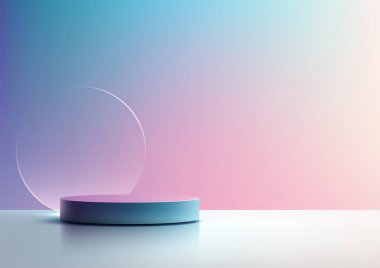 Minimalist 3d ekran standı, yumuşak eğimli arka planda mavi yuvarlak bir platform ve şeffaf cam daire, ürün modellemeleri, markalaşma ve temiz bir stüdyoda modern bir sunum içerir.