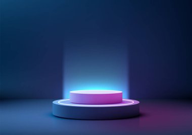 canlı 3d mor ve mavi neon ışıklı silindir podyum karanlık bir gradyan arka plan, teknoloji motifleri, ürün gösterimleri ve parlak ışıklandırma efektleri ile fütürist gösteri kavramları karşı