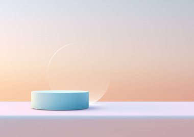 Soluk pembe bir platform üzerinde şeffaf dairesel bir elemente sahip, 3D açık mavi silindirik podyumlu yumuşak pastel gradyan. Minimalist ürün modelleme, görüntüleme