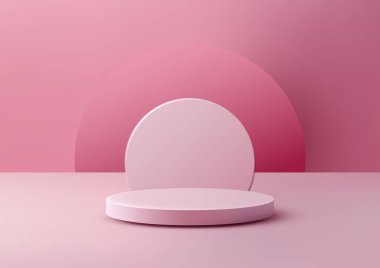 Yumuşak pembe bir yüzey üzerinde minimalist 3D pembe yuvarlak podyum, ürün sunumları veya zarif vitrin sunumları. Modern estetik, markalaşma ve reklam görselleri ile temiz geometrik tasarım