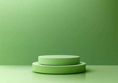 Minimalist 3d yeşil silindirik podyum modeli yansıtıcı yüzey yeşil arka plan, ürün görüntüleme, markalaşma ve reklam. Şık kurumsal estetik için modern monokromatik tasarım