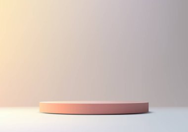 Yumuşak şeftali rengi içinde minimalist düşük silindirik platform hafif bir yüzeye dayanır. İnce pastel gradyan arkaplan, zarif ürün gösterimleri, modeller ve modern vitrin kavramları ile.