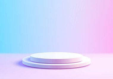 Minimalist 3D beyaz, iki katlı, lavanta rengi bir yüzeye gölge düşüren yumuşak maviden pembe renge karşı podyum tezgahı. ürün gösterimi, modelleme, ya da sergi odası modern