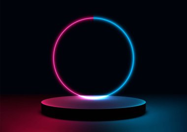 3B parlak silindirik kaidesi parlak neon ve cyan ışıklarıyla yıkanmış, fütüristik teknoloji veya ürün sergisi modeli, modern sergi odası veya sergi kavramları için parlayan dairesel bir hale içeriyor.