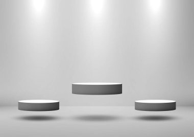 Yüzen gri ve beyaz silindirik platformlar içeren minimalist 3D ürün sergisi, temiz bir stüdyo ortamında modelleme, damgalama ve modern sunum tasarımları için idealdir.