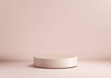 Soluk pembe arkaplanda en az üç boyutlu bej renkli silindirik platform modeli, modern markalaşma, reklamcılık ya da temiz estetik stüdyo aydınlatmasında ekolojik sergi için zarif ürün standı