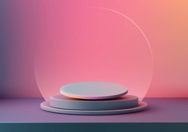 Modern 3D üç katmanlı gri ve pembe gölgeli podyum geniş şeffaf bir daire çizerek canlı bir gradyan arkaplan, ürün gösterisi için ideal, ödül törenleri, veya şık modeller