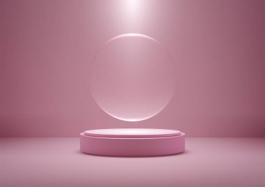 3D pembe silindirik podyum modeli. Yüzen şeffaf bir daire içeriyor. Ürün gösterisi ya da minimalist vitrin için ideal. Gösterişli sunumlar için spot ışıklarıyla modern tasarım