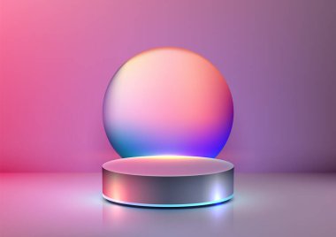 Pembe, mor ve mavi eğimli yumuşak kenarlı daire arkaplanı olan canlı 3D podyum, aşağıdan aydınlatılmış, ürün gösterisi, modelleme ve modern sergi salonu sunumları için mükemmel.
