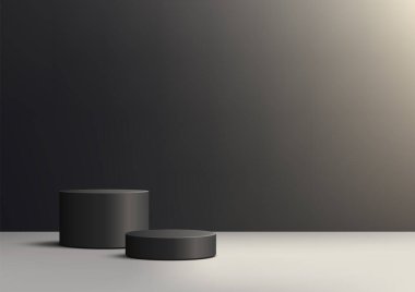 Minimalist modern lüks konsept 3D iki koyu gri silindirik platform açık bir yüzey üzerinde, ürün modelleme, markalaşma, ya da grafiksel zemin ve aydınlatma ile son teknoloji ürünü.