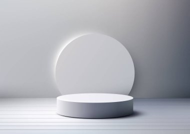 Minimalist 3d beyaz silindirik podyum modeli yumuşak gri gradyan arka plan, ürün gösterimi, markalaşma veya dijital vitrin. Metin veya tasarım için tarafsız alan ile temiz, modern sunumlar için mükemmel