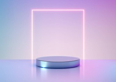 Parlayan neon bir kare çerçevenin altında metalik yuvarlak bir platform, yumuşak pastel mavi ve mor renkler, teknoloji modellemeleri ve modern tasarım kavramlarının yer aldığı minimalist fütüristik 3D sahne