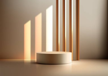 Minimalist 3d bej renkli silindirik podyum modeli sıcak ışık ve geometrik ahşap çubuklar, ürün sergisi, vitrin veya modern vitrin sunumları için mükemmel temiz bir nötr alan