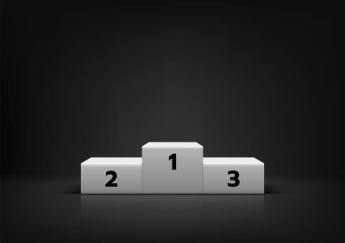 Koyu beyaz şampiyonlar podyumuna karşı birinci ve üçüncü sırada yükselen siyah zemin, spor müsabakaları zafer kutlamaları ve başarı tanıma yarışmaları için ideal.