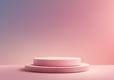 Minimalist pembe iki katmanlı silindirik podyum yumuşak bir gradyan pembe ve mor arka plana karşı, sergilenen ürünler, modern konsept, veya perakende veya reklamcılıkta zarif bir gösteri modeli