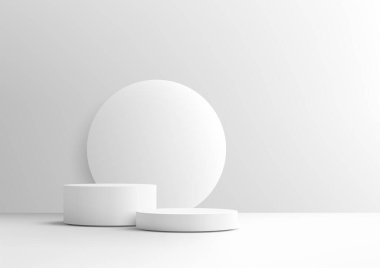 Silindirik podyumları ve dairesel arkaplanı olan minimalist beyaz sahne, ürün sergisi, maketi veya sergi için ideal. Markalaşma ve reklam için temiz modern estetik