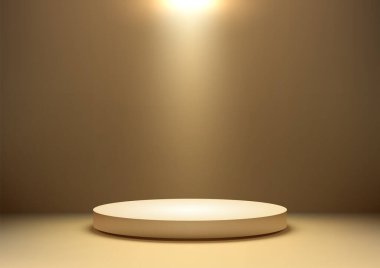 Bej renkli minimalist 3d yuvarlak sahne, yumuşak spot ışıkları, ödül törenleri, ürün sergileri veya modern showroom modelleri ile aydınlatılmış temiz ve zarif bir sunum alanı.