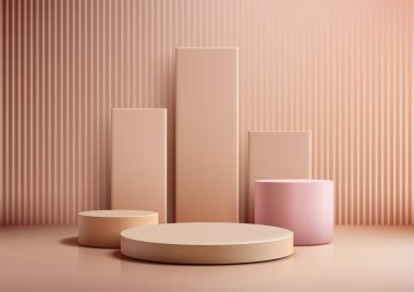 Yumuşak bej ve pembe tonlarda silindirik ve dikdörtgen podyumların yer aldığı sıcak minimalist sahne, yansıtıcı zemin ve ince çizgili arkaplan ile modern ürün modellemeleri