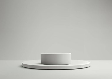 Dairesel tabanda minimalist beyaz silindirik podyum, ürün gösterimi, modeli veya gösterimi için mükemmel, sade bir modern tarzla, ticari ve markalaşma kullanımı için ideal.