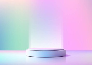 yumuşak ışıklandırılmış pastel rüya manzarası yansıtıcı bir yüzey üzerinde 3D yuvarlak mavi mor podyum ile rahatlatıcı lavanta rengi gül gradyanı, ürün modelleri veya modern vitrin sunumları