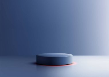 Yalnız koyu mavi 3d silindirik platform, parlak kırmızı bir yansıtıcı yüzeyde oturur ve teknolojik sunumlar veya soyut tasarım projeleri için mükemmel bir minimalist ve minimalist estetik yaratır.