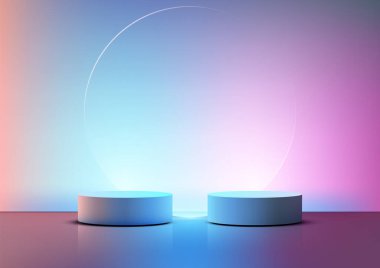 Yumuşak parlayan ışıkla yıkanmış yansıtıcı bir yüzeyde modern mavi kaide görüntüsü, şeffaf mavi şeftali arkaplan, teknoloji veya ürün sergisi kavramları üzerinde şeffaf bir daire.