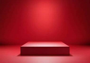 Parlak yansıtıcı bir yüzeye sahip canlı kırmızı 3d kare platform, modern soyut bir odada aydınlatılmış, ürün gösterimi, modelleme veya temiz bir gelecek tarzında lüks marka gösterisi için mükemmel.
