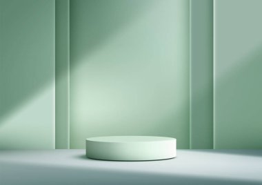 3d nane yeşili silindirik podyum modeli, yumuşak ışıklandırmalı ve desenli arka planı olan minimalist ürün görüntüsü, modern markalaşma, reklamcılık veya sergi salonu sunumları için ideal