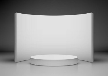3D stüdyo sahnesi, kıvrımlı beyaz arka plan ve podyum, karanlık bir gradyan duvara ve yansıtıcı zemine, modern ürün gösterimlerine, modellere ve sunumlara karşı, temiz minimalist tarzda.