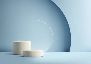 Yumuşak mavi bir zemin üzerinde iki açık renkli bej renkli kaide, eğri büğrü bir zemin, minimalist ürün modellemeleri, zarif gösterimler ve çağdaş sergi odası kavramları.